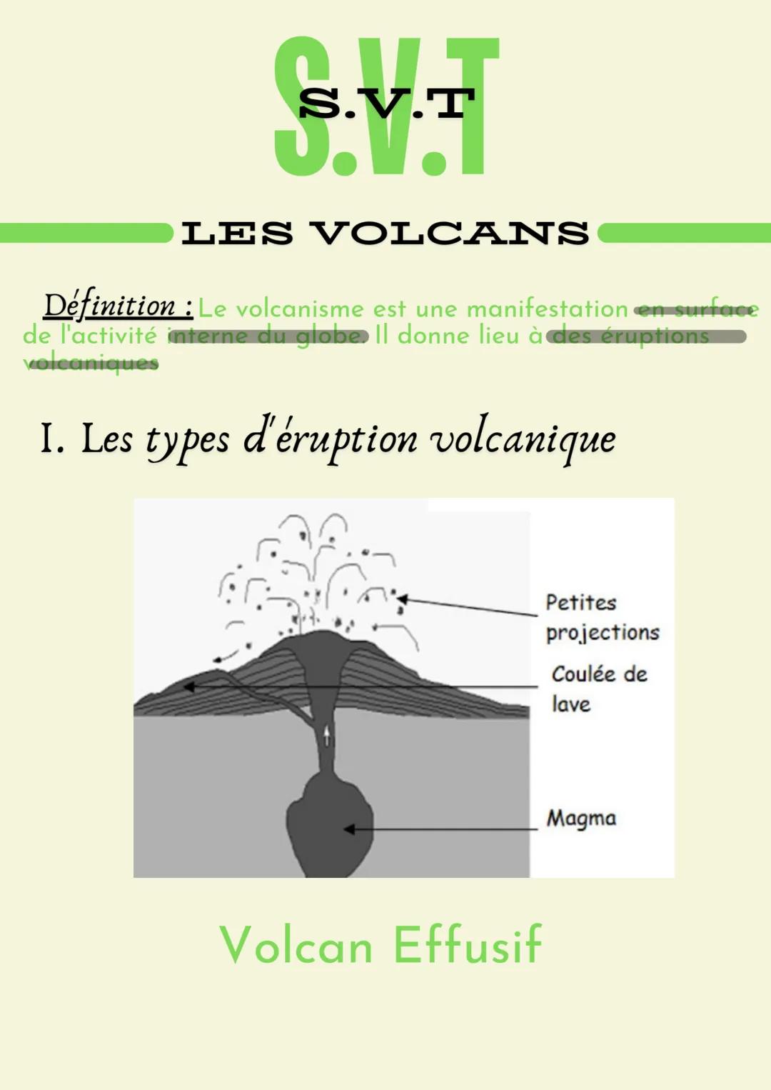 # S.V.T
5.V.1
LES VOLCANS
Définition: Le volcanisme est une manifestation en surface
de l'activité interne du globe Il donne lieu à des ér