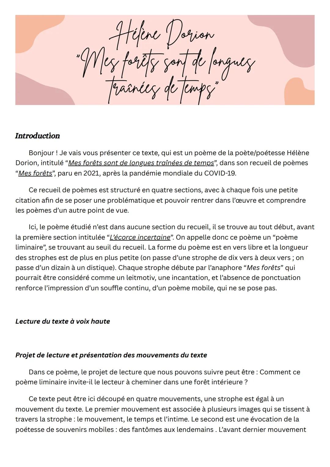 # Hélène Dorion
"Mes forêts sont de longues
Traînées de temps
Introduction
Bonjour! Je vais vous présenter ce texte, qui est un poème de
