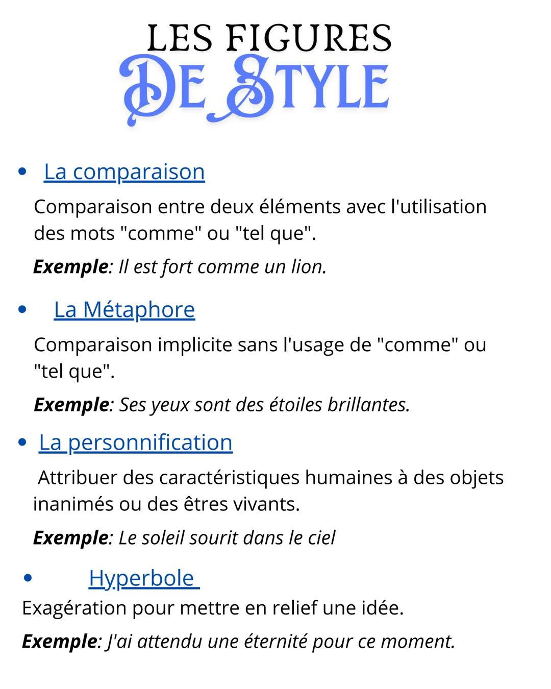.
.
LES FIGURES
DE STYLE
La comparaison
Comparaison entre deux éléments avec l'utilisation
des mots "comme" ou "tel que".
Exemple: Il est fo