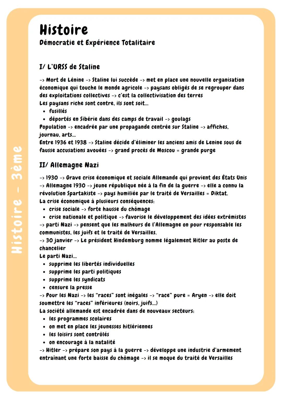# Histoire 3ème
# Histoire
Démocratie et Expérience Totalitaire
I/ L'URSS de Staline
-> Mort de Lénine -> Staline lui succède -> met en