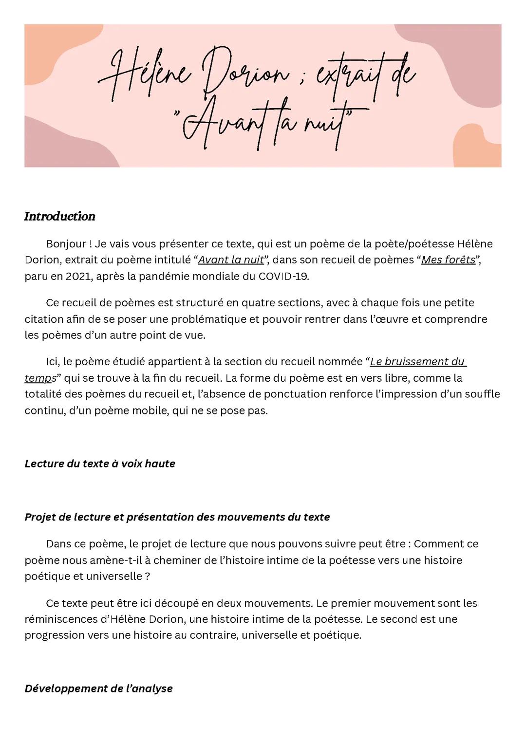 extrait de « avant la nuit » Hélène Dorion ; analyse linéaire complète