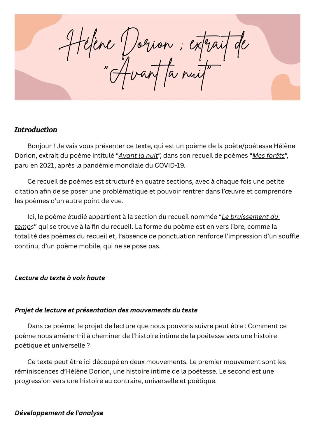 Helene Dorion; extrait de
"Avantta muit
Introduction
Bonjour ! Je vais vous présenter ce texte, qui est un poème de la poète/poétesse Hélène