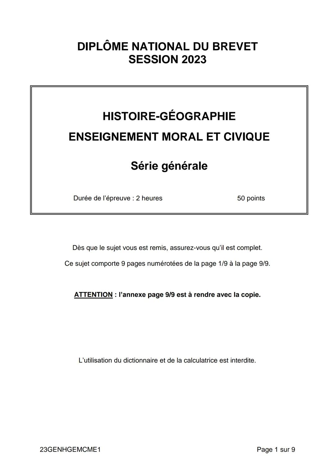 # DIPLÔME NATIONAL DU BREVET
SESSION 2023
# HISTOIRE-GÉOGRAPHIE
ENSEIGNEMENT MORAL ET CIVIQUE
Série générale
Durée de l'épreuve : 2 heure