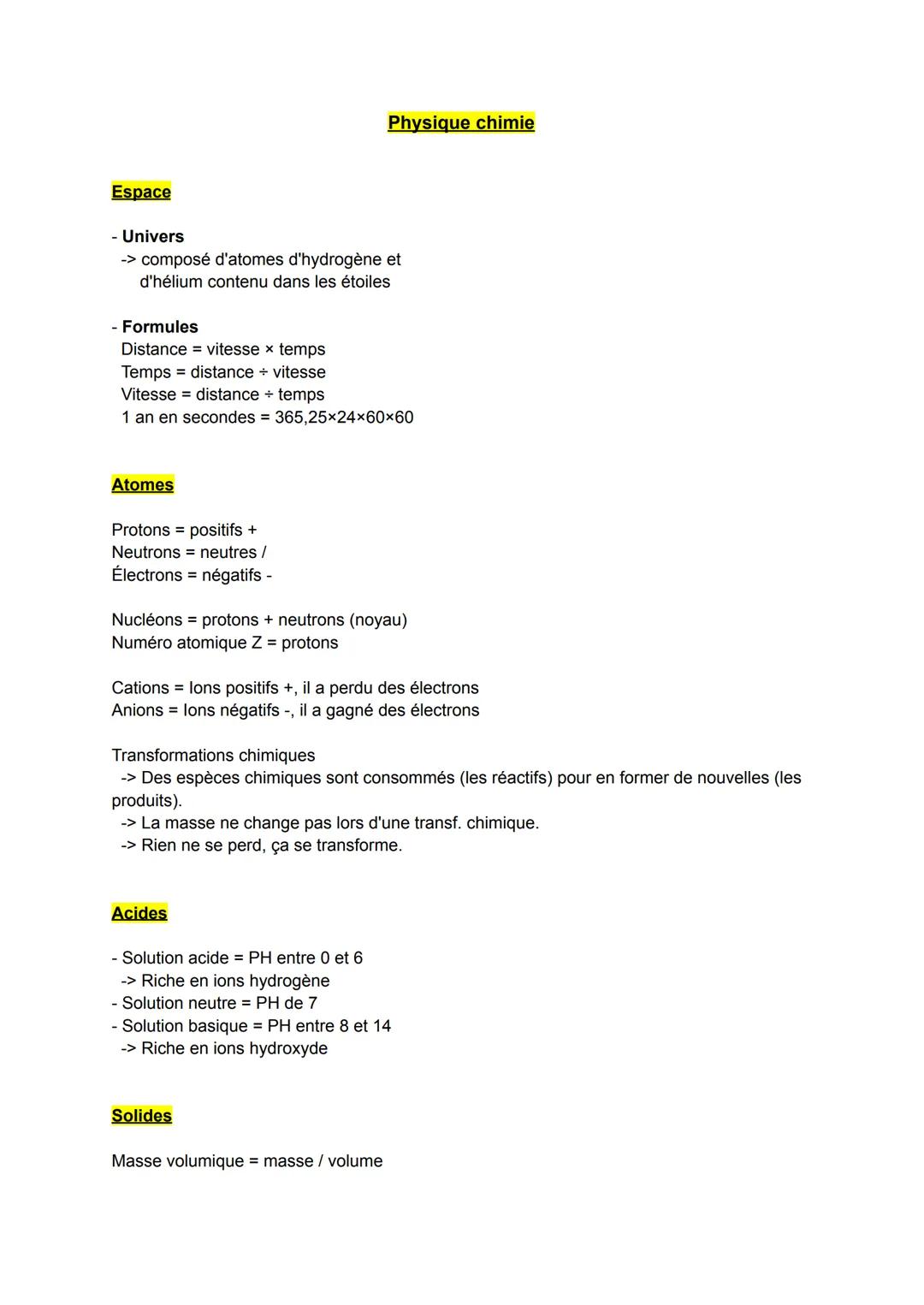 Physique chimie | Fiche de révision brevet blanc