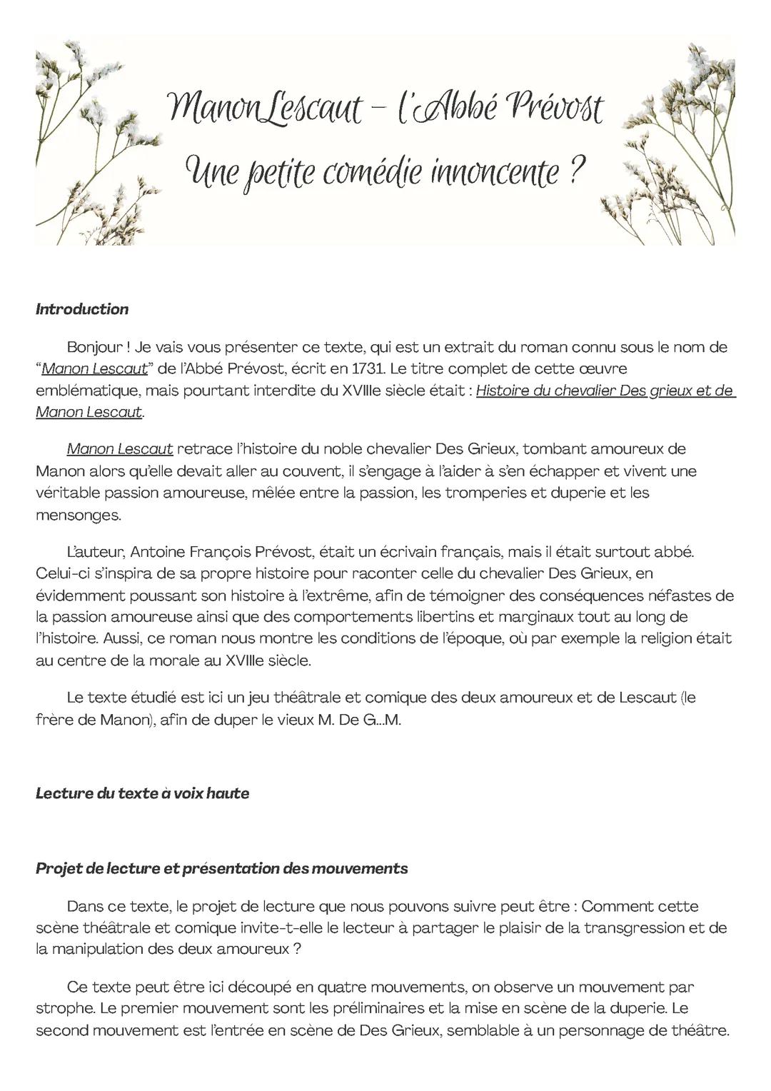 Une petite comédie innocente ? Manon Lescaut de l’Abbé Prévost ; analyse complète