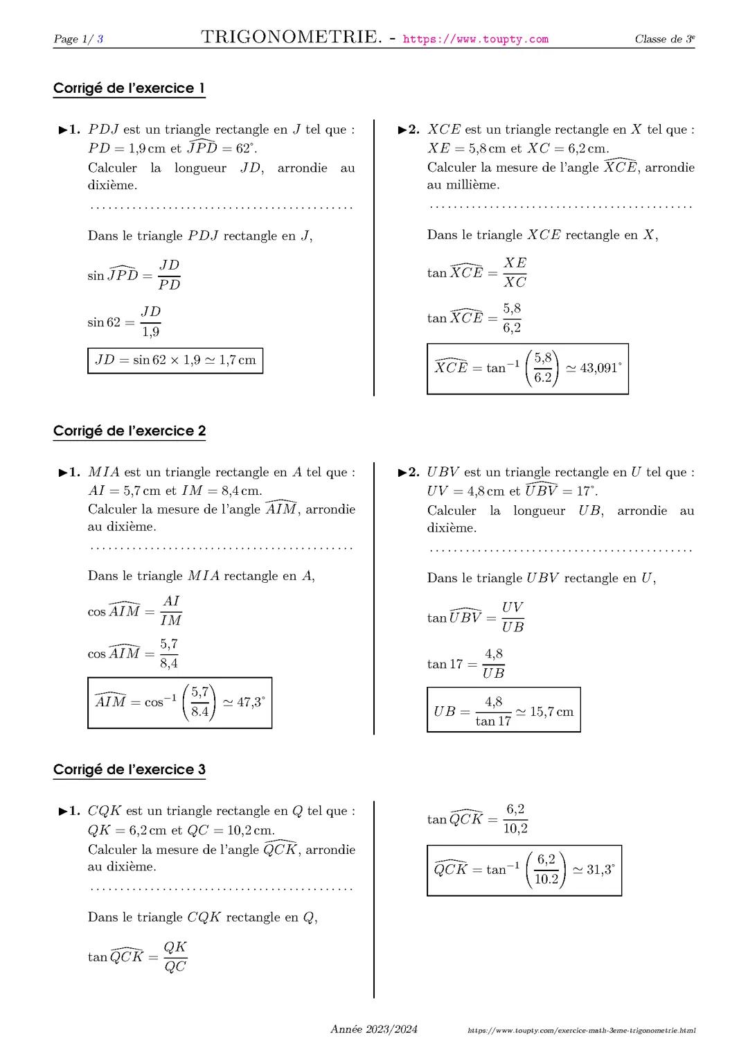 Exercices trigonométrie 3eme