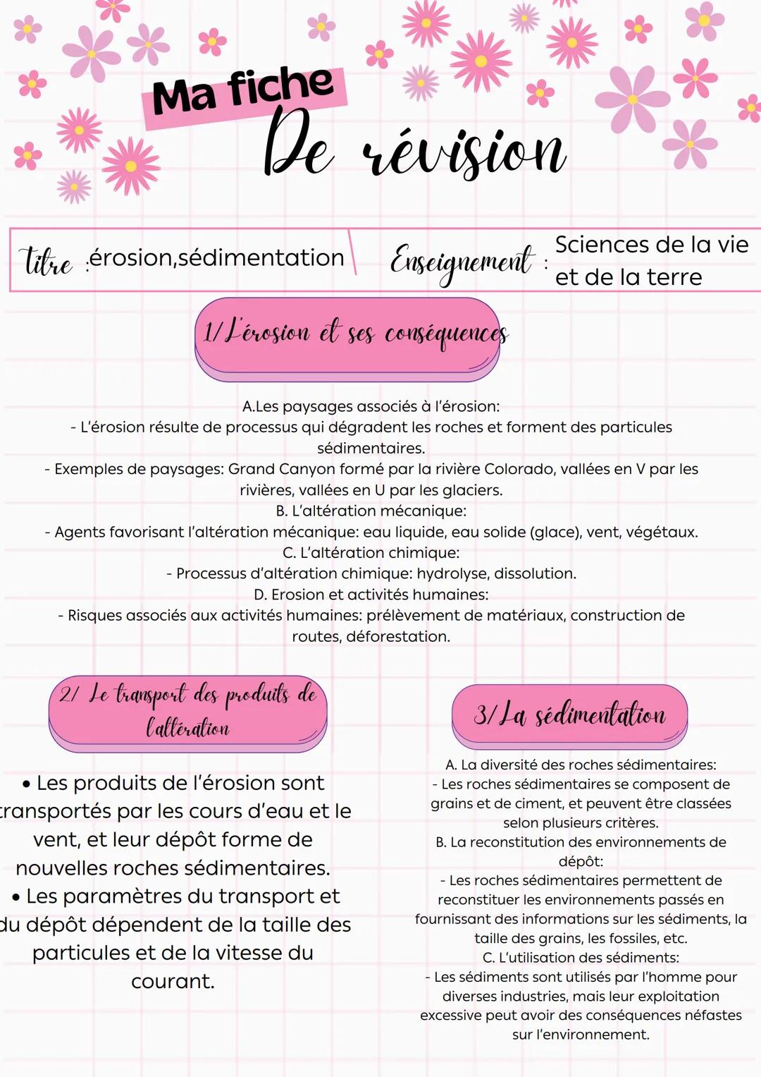 Ma fiche
De révision
Sciences de la vie
titre érosion, sédimentation Enseignement: et de la terre
1/L'érosion et ses conséquences
A.Les pays