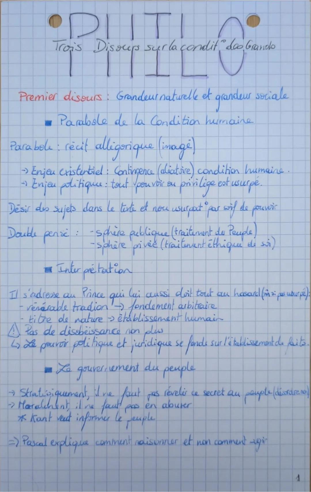 •PHILO
Trois Disoups sur la condit, des Grands
Premier disours: Grandeur naturelle et grandeur sociale
Parabole de la Condition humaine
Para