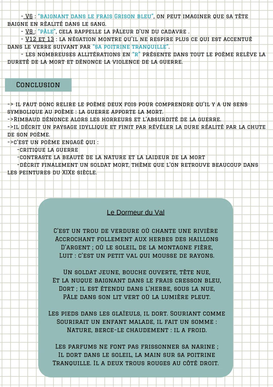 TEXTE 1. le Dormeur du val
PRÉSENTATION DU TEXTE:
-> LE DORMEUR DU VAL = "CAHIERS DE
DOUAI", ARTHUR RIMBAUD, 1870
-> INSPIRÉ DES HORREURS DE