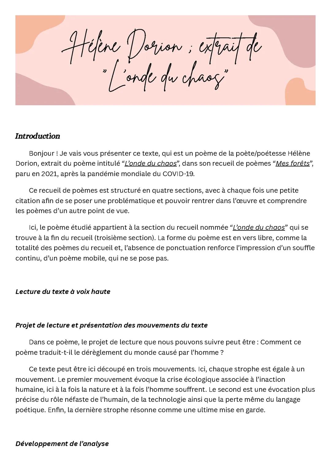 extrait de l’onde du chaos - Hélène Dorion ; analyse complète