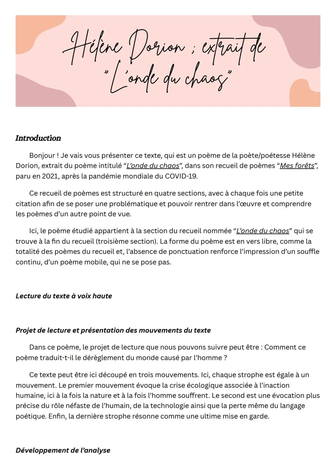 Helene Dorion; extrait de
• L'onde du chang
Introduction
Bonjour! Je vais vous présenter ce texte, qui est un poème de la poète/poétesse Hél