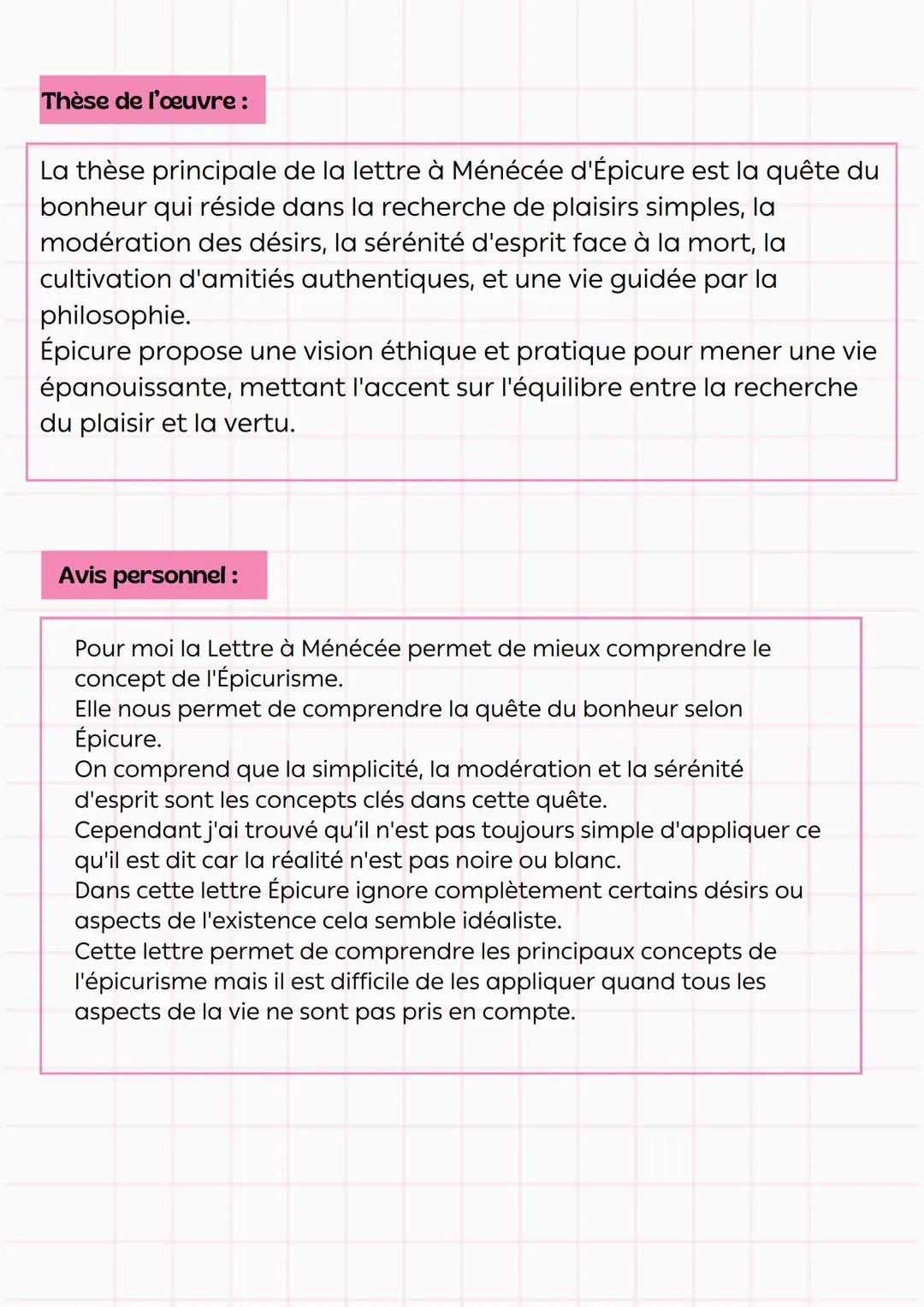 Fiche
de lecture
titre
:
La Lettre à Ménécée Auteur : Épicure
entre 306 et 270 av. J.-C.
Date de parution :
thème de loeuvre
La Lettre à Mén