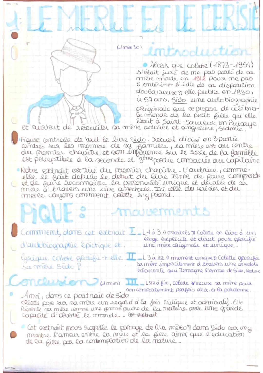 Lecture linéaire Sido, 1930 le merle et le cerisier