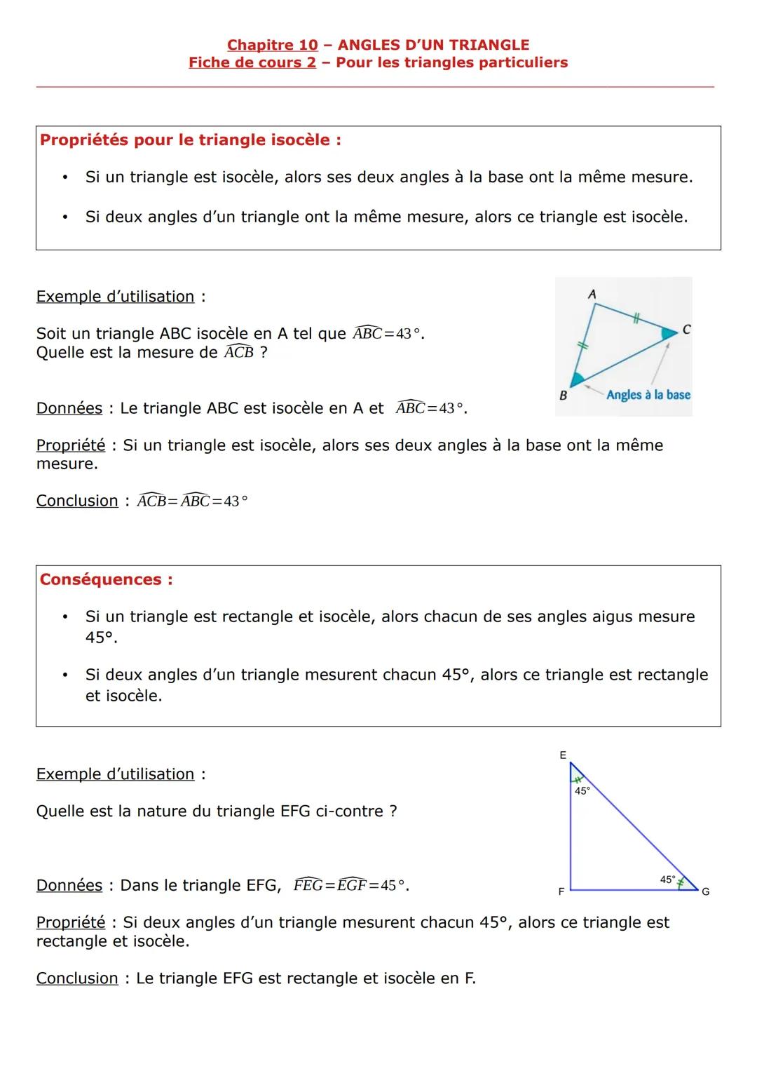 Chapitre 10 - ANGLES D'UN TRIANGLE
Fiche de cours 1 - Pour tous les triangles
Propriété
La somme des mesures des trois angles d'un triangle