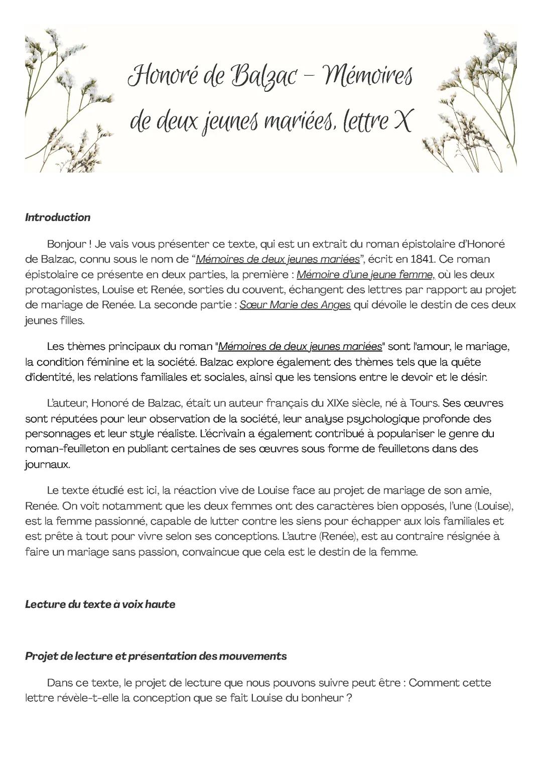 Honoré de Balzac - mémoires de deux jeunes mariées lettre X ; analyse complète