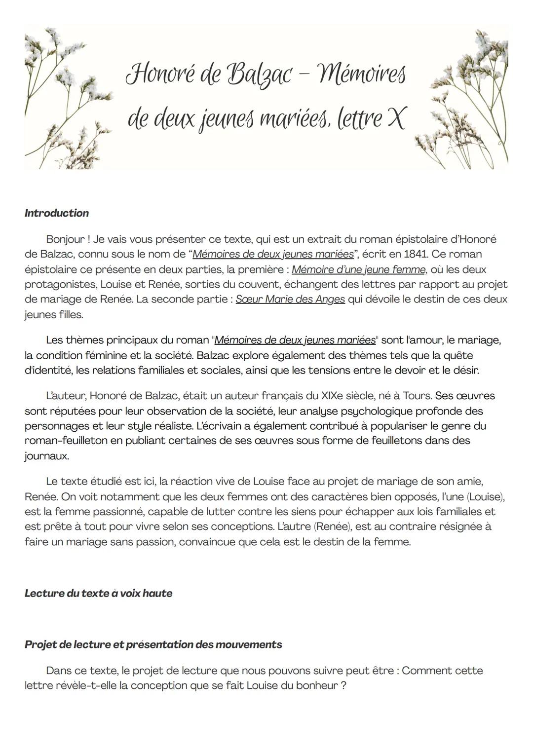Honoré de Balzac - Mémoires
de deux jeunes mariées, lettre X
Introduction
Bonjour ! Je vais vous présenter ce texte, qui est un extrait du r