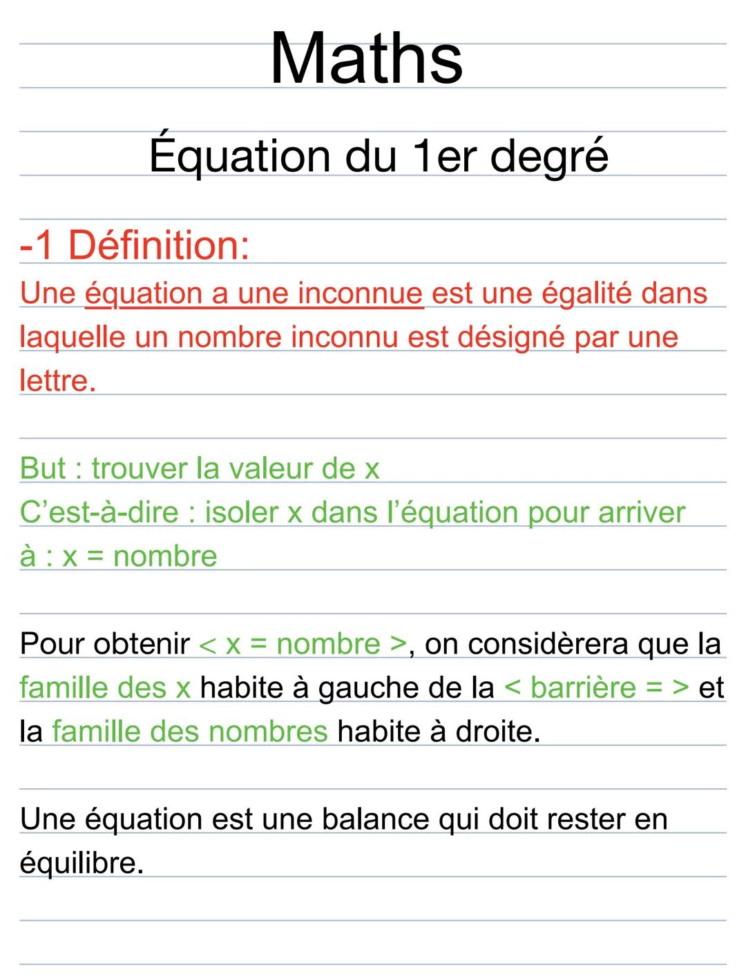 Maths
Équation du 1er degré
-1 Définition:
Une équation a une inconnue est une égalité dans
laquelle un nombre inconnu est désigné par une
l
