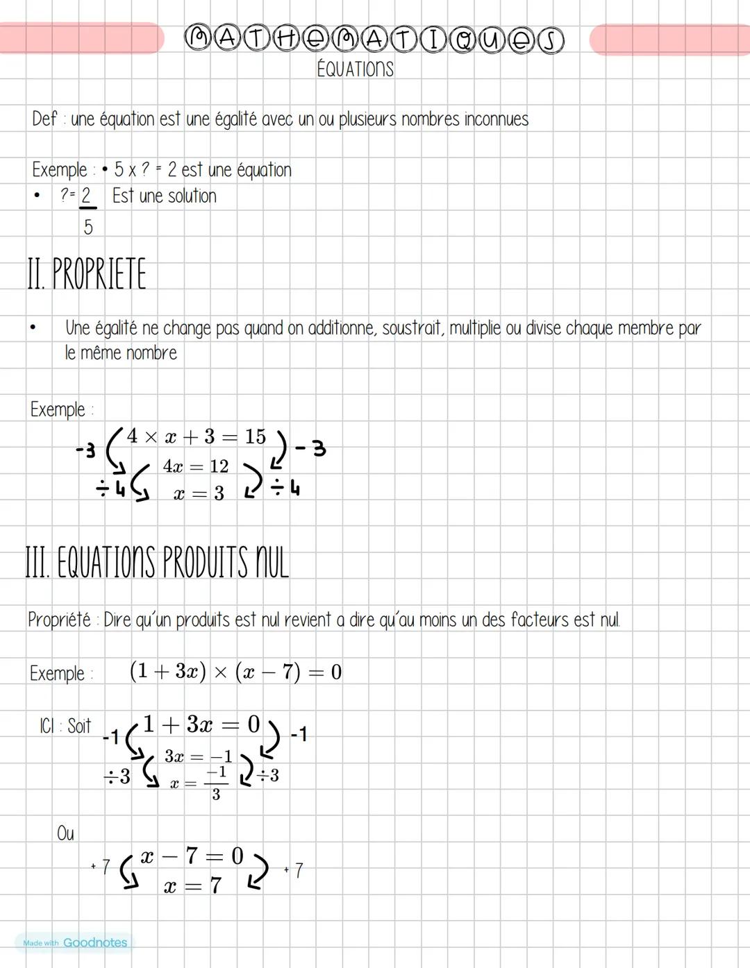 MATHEMATIQUES
ÉQUATIONS
Def une équation est une égalité avec un ou plusieurs nombres inconnues
Exemple: 5x7 = 2 est une équation
* ?= 2