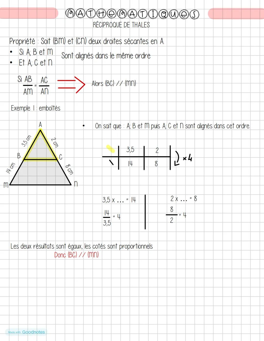 MATHEMATIQUes
RECIPROQUE DE THALES
Propriété Soit (BM) et (CN) deux droites sécantes en A.
•
Si A, B et m Sont alignés dans le même ordre
•