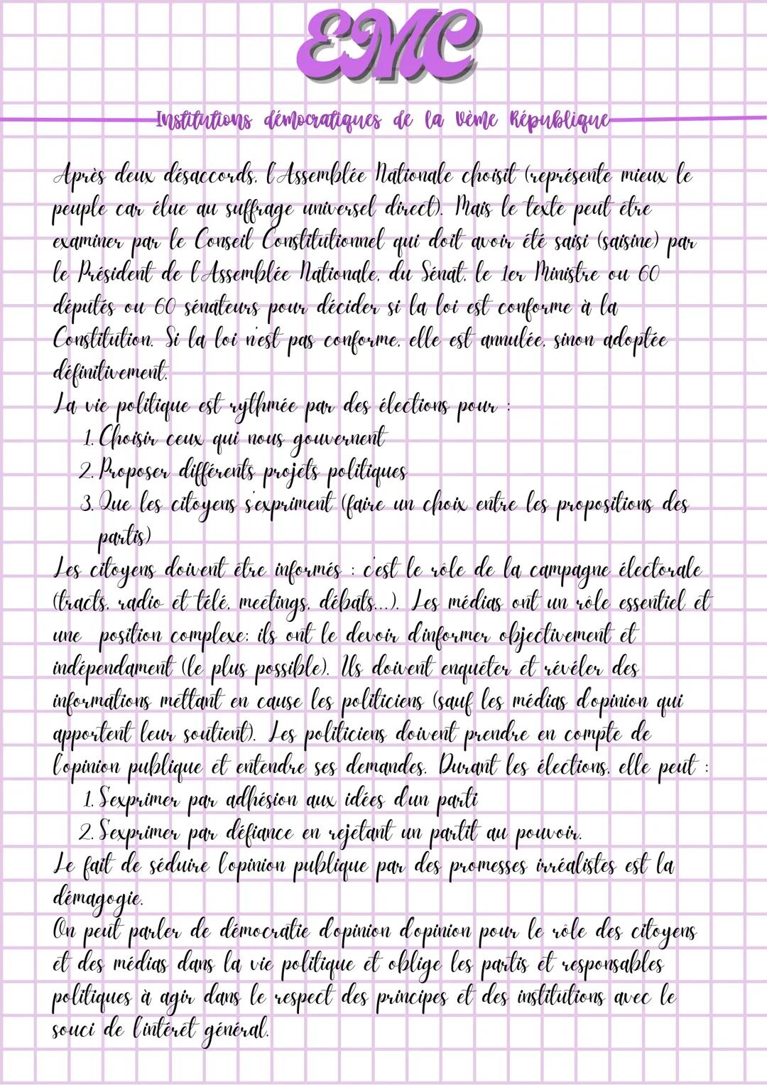 Définitions
EMC
-Institutions démocratiques de la vème République
Démocratie : régime politique dans lequel le peuple exerce le pouvoir par