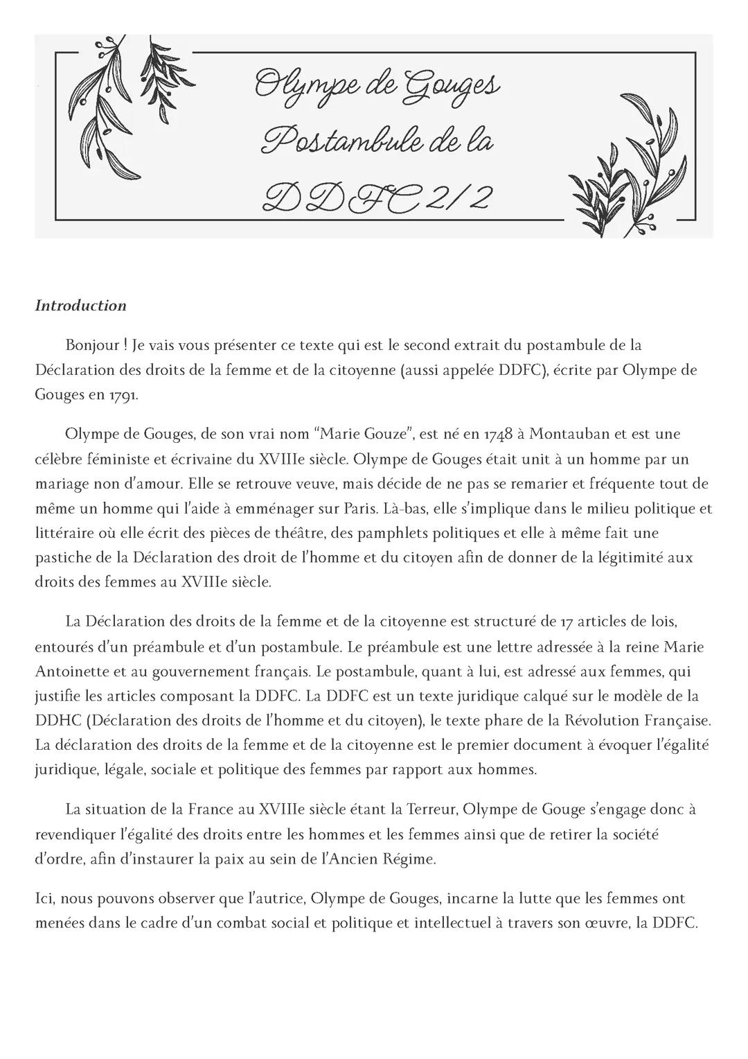 Extrait du postambule n°2 - Olympe de Gouges ; analyse complète