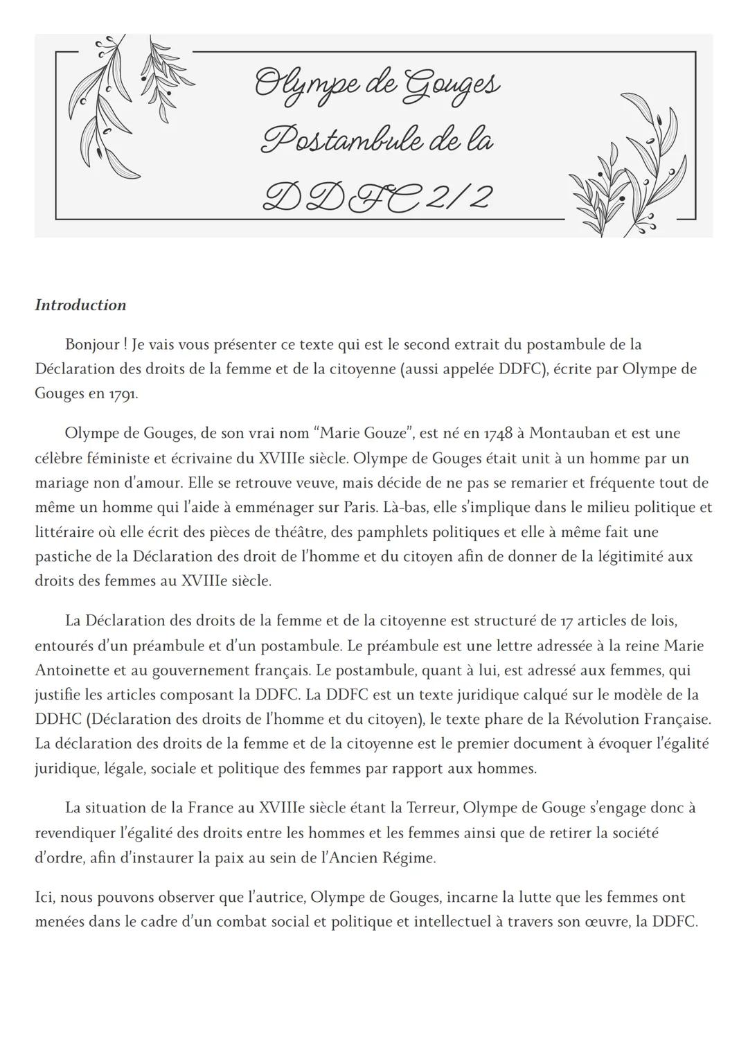 Olympe de Gouges
Postambule de la
DDFC2/2
Introduction
Bonjour ! Je vais vous présenter ce texte qui est le second extrait du postambule de