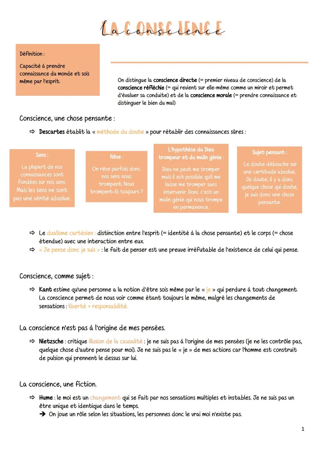 Laconscience
Définition:
Capacité à prendre
connaissance du monde et sois
même par l'esprit.
Conscience, une chose pensante:
On distingue la