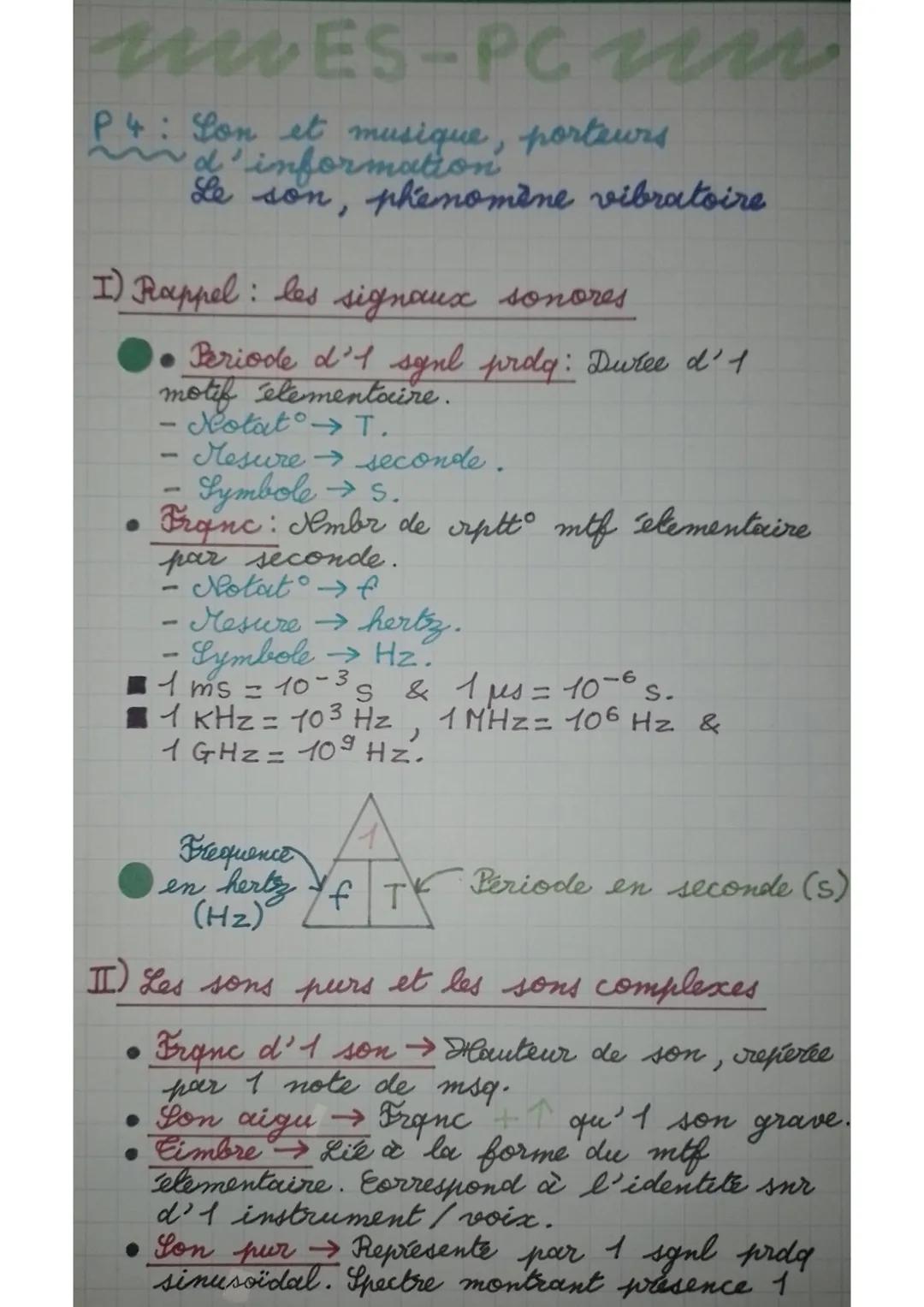 uwES-PC un
P4: Lon et musique, porteurs
d'information
Le son, phénomène vibratoire
I) Rappel : les signaux sonores
•
• Periode d'l synl prdy