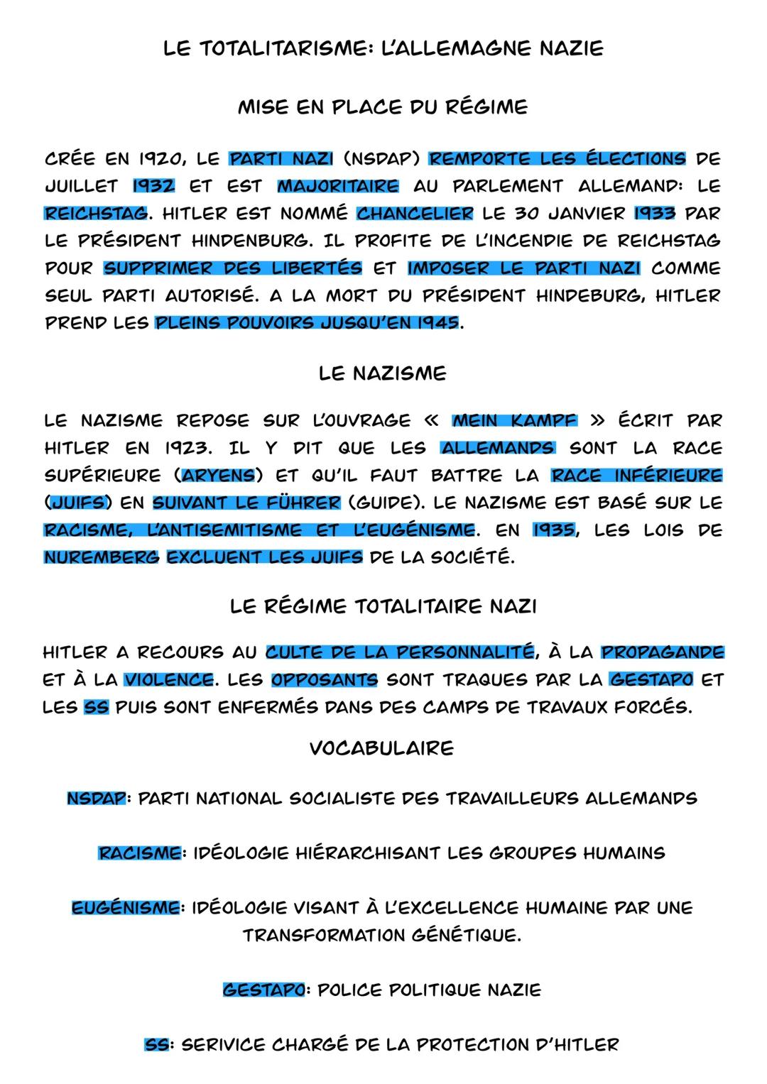 LE TOTALITARISME: L'ALLEMAGNE NAZIE
MISE EN PLACE DU RÉGIME
CRÉE EN 1920, LE PARTI NAZI (NSDAP) REMPORTE LES ÉLECTIONS DE
JUILLET 1932 ET ES