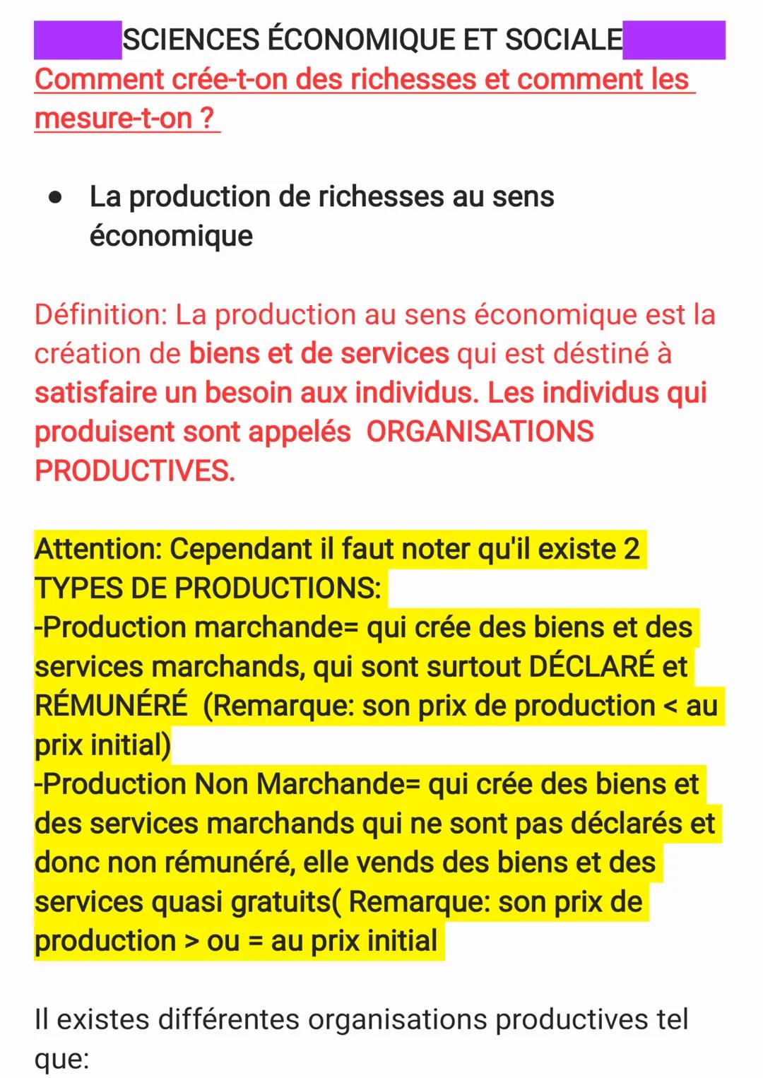 SCIENCES ÉCONOMIQUE ET SOCIALE
Comment crée-t-on des richesses et comment les
mesure-t-on ?
• La production de richesses au sens
économique
