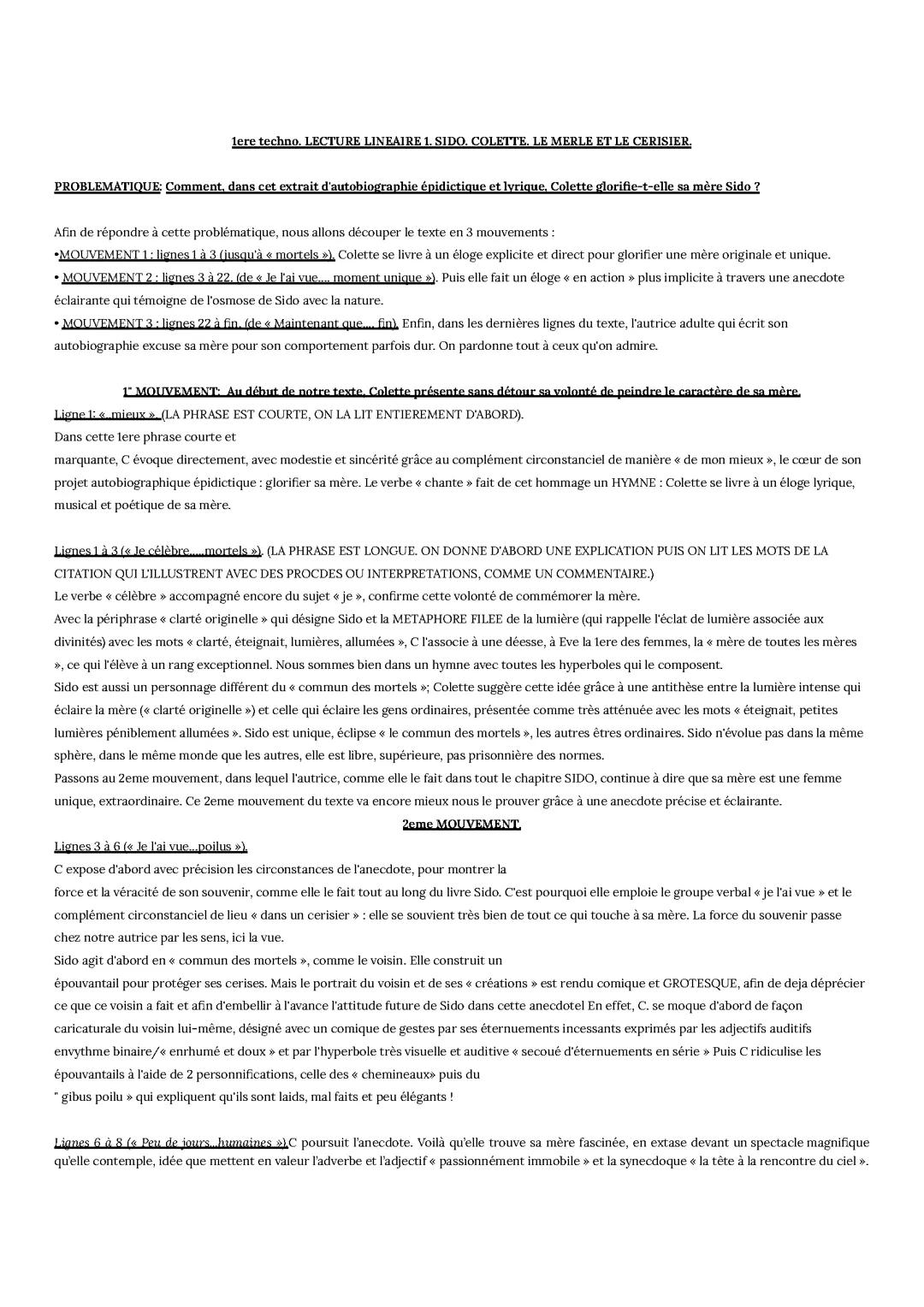 LECTURE LINEAIRE 1. SIDO. COLETTE. LE MERLE ET LE CERISIER.