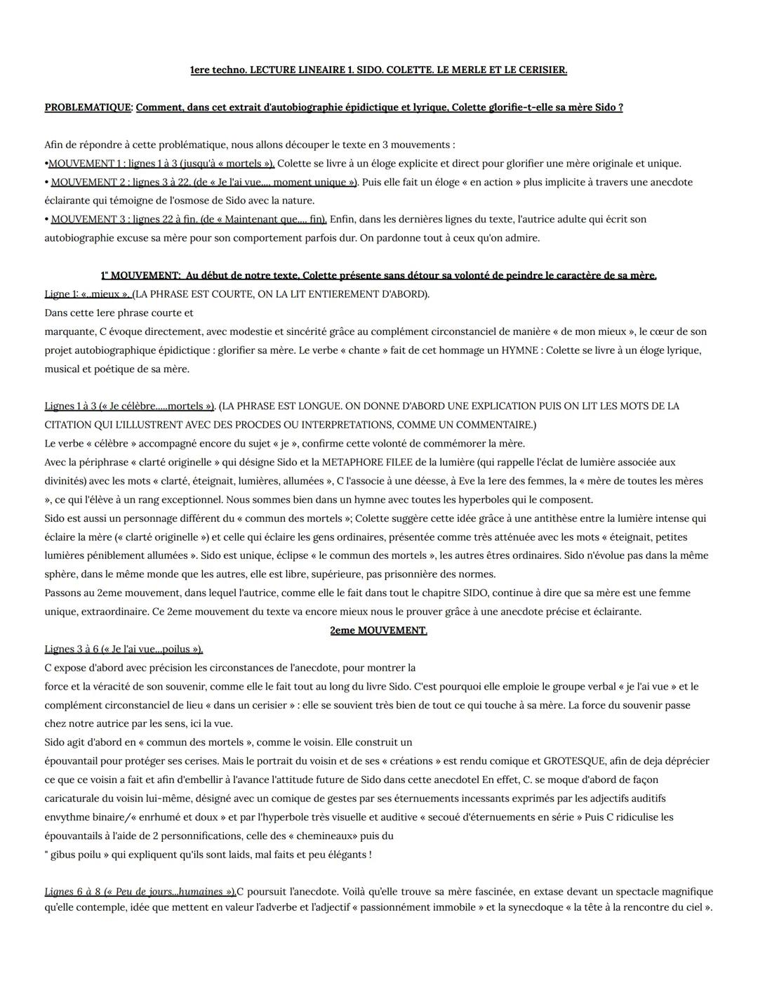 1ere techno. LECTURE LINEAIRE 1. SIDO. COLETTE. LE MERLE ET LE CERISIER.
PROBLEMATIQUE: Comment, dans cet extrait d'autobiographie épidictiq