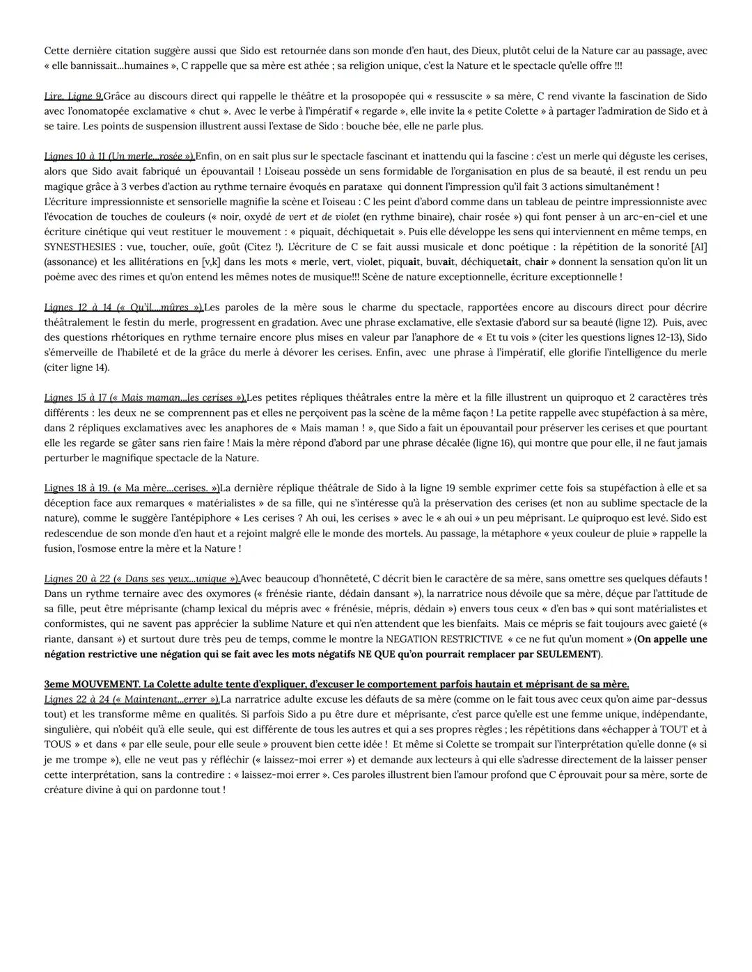 1ere techno. LECTURE LINEAIRE 1. SIDO. COLETTE. LE MERLE ET LE CERISIER.
PROBLEMATIQUE: Comment, dans cet extrait d'autobiographie épidictiq
