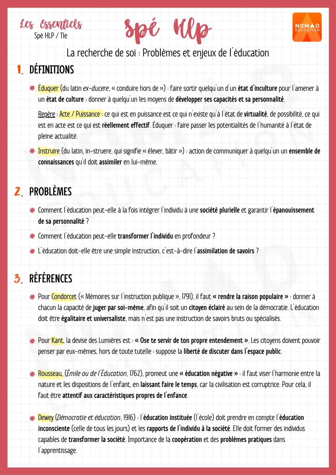 Les Essentiels
Spé HLP/Tle
брё чер
La recherche de soi : Problèmes et enjeux de l'éducation
1. DÉFINITIONS
NOMAD
EDUCATION
Éduquer (du latin