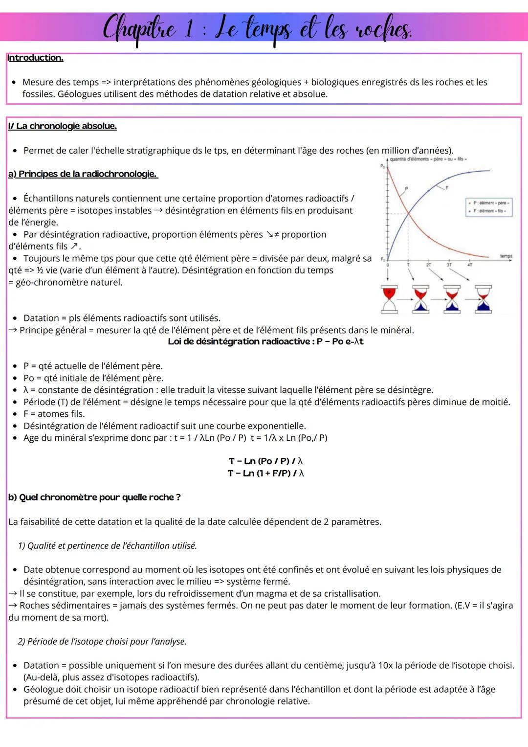 Chapitre 1: Le temps et les roches
Introduction.
• Mesure des temps => interprétations des phénomènes géologiques + biologiques enregistrés