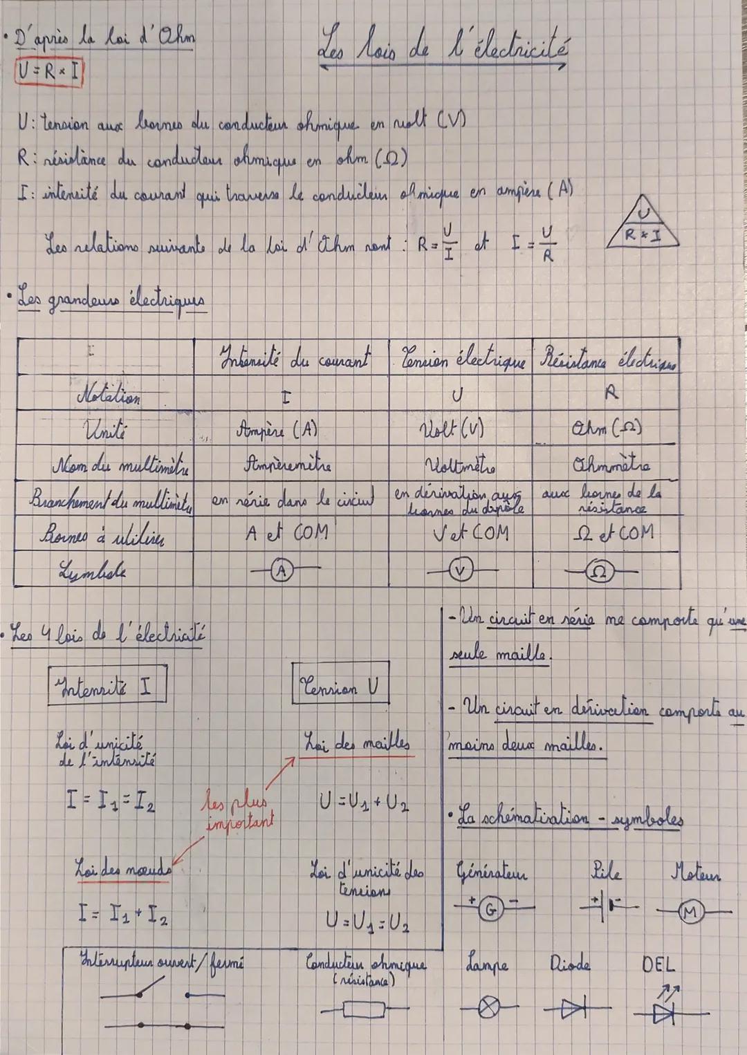 •D'après la loi d'Ohm
U=R⭑I
•
lois de l'électricité
U: tension aux bornes du conducteur ohnique en volt (v)
R: résistance du conducteur ohmi