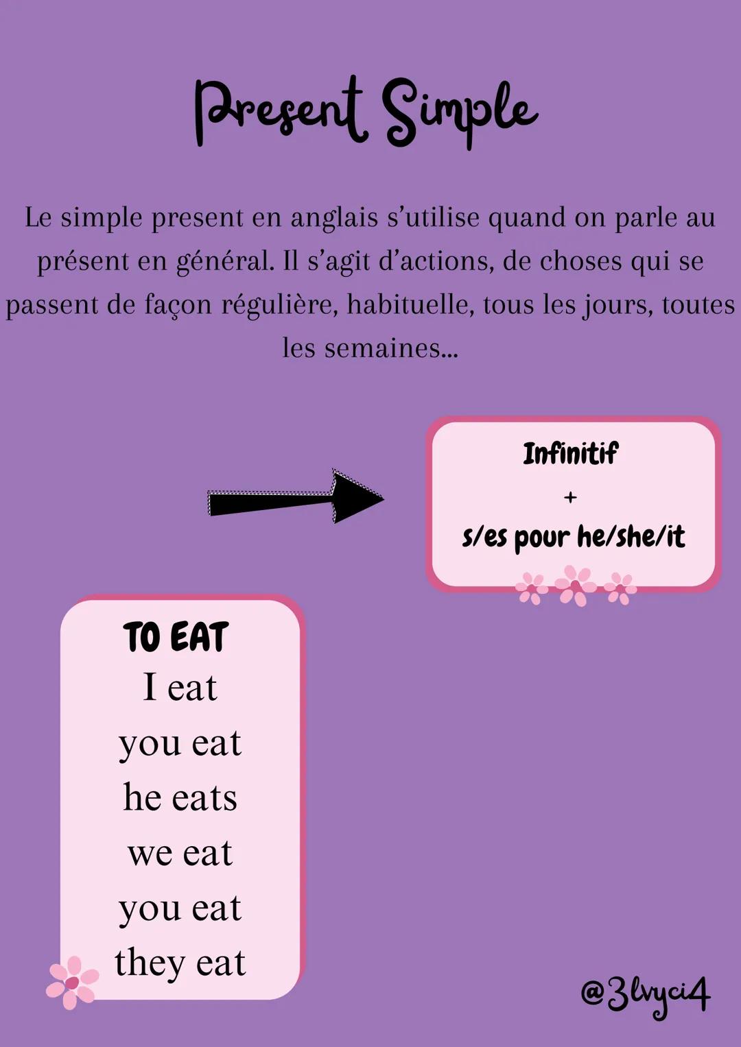 Present Simple
Le simple present en anglais s'utilise quand on parle au
présent en général. Il s'agit d'actions, de choses qui se
passent de