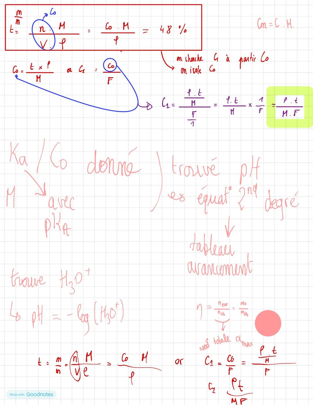 FICHES RÉVISONS CHIMIE
FORMULES
ORMULES DE BASE
n = m
n= CxV
m = px V
M
mère
Cm- CM
m = (mx V
(t)
Pen g.
6 = 4 x
"In out en g.mol
X
VGAZ
P.V