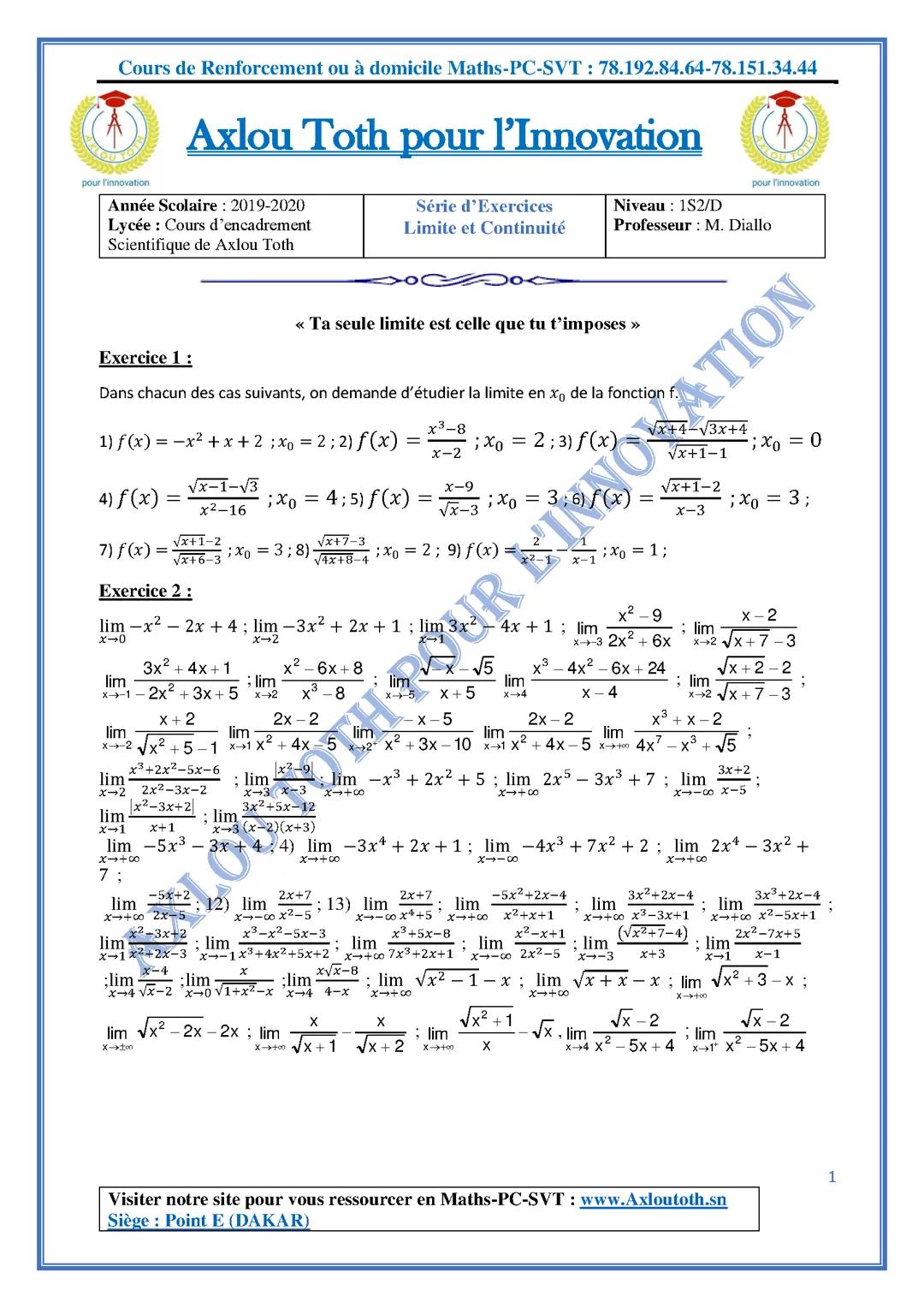Limite et continuité çà va vous permettre de bien révisé sur ce chapitre et préparer tes devoirs....