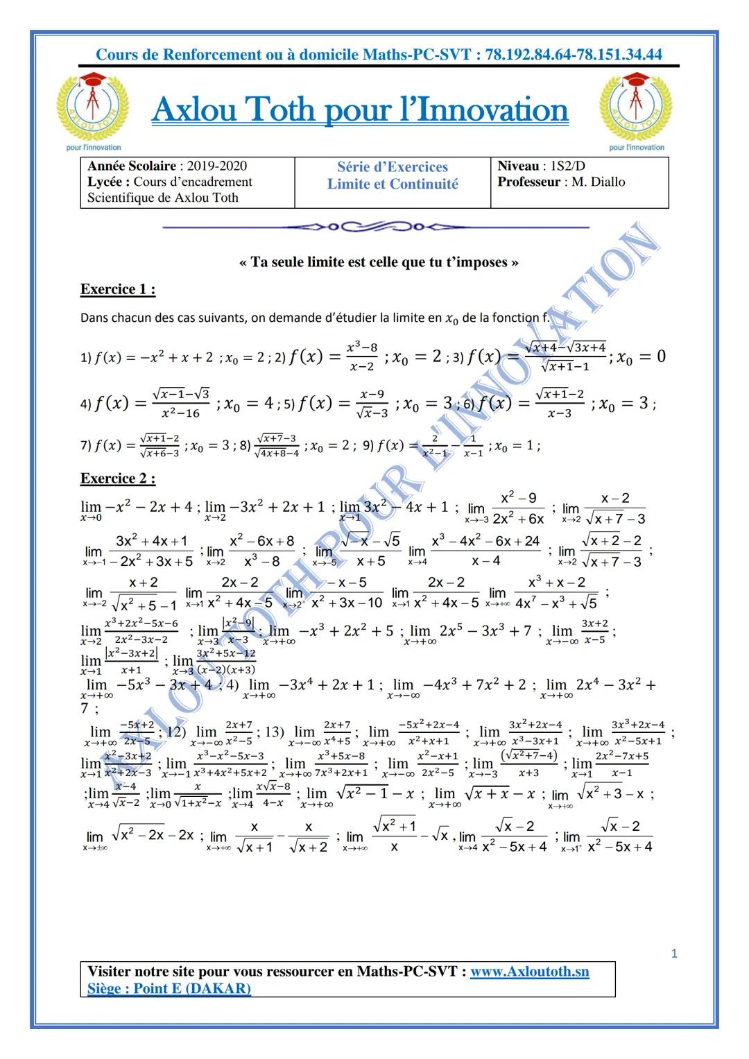 Cours de Renforcement ou à domicile Maths-PC-SVT: 78.192.84.64-78.151.34.44
Axlou Toth pour l'Innovation
UT
pour l'innovation
Année Scolaire