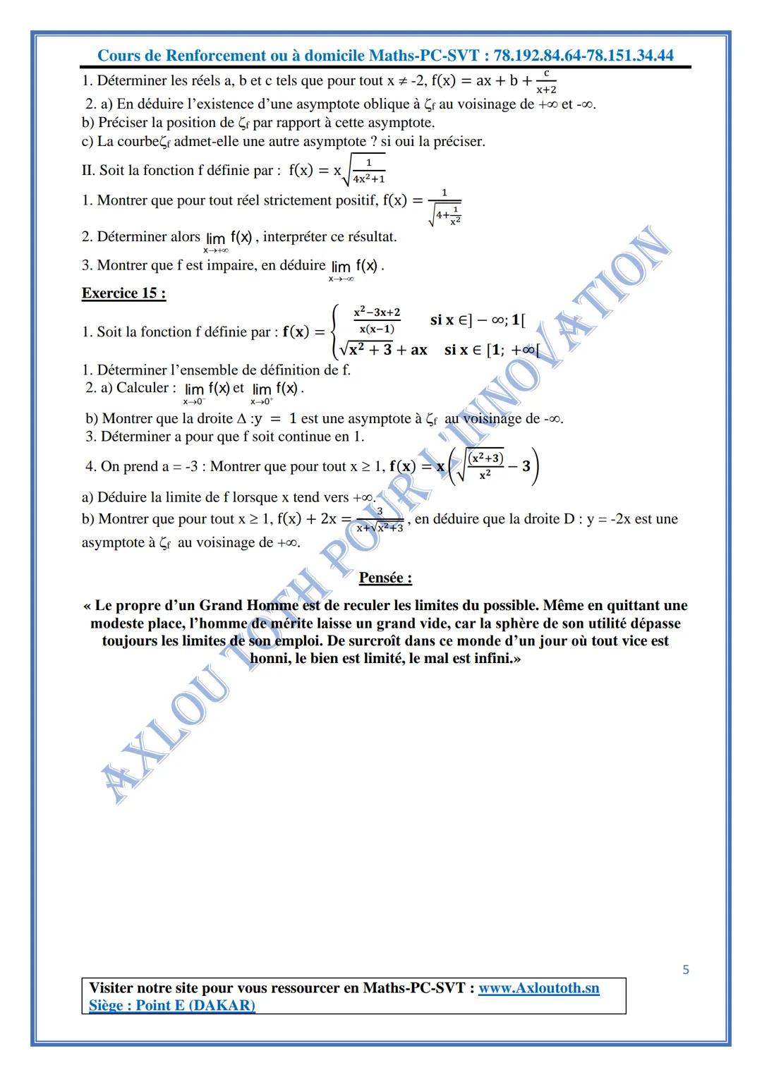 Cours de Renforcement ou à domicile Maths-PC-SVT: 78.192.84.64-78.151.34.44
Axlou Toth pour l'Innovation
UT
pour l'innovation
Année Scolaire
