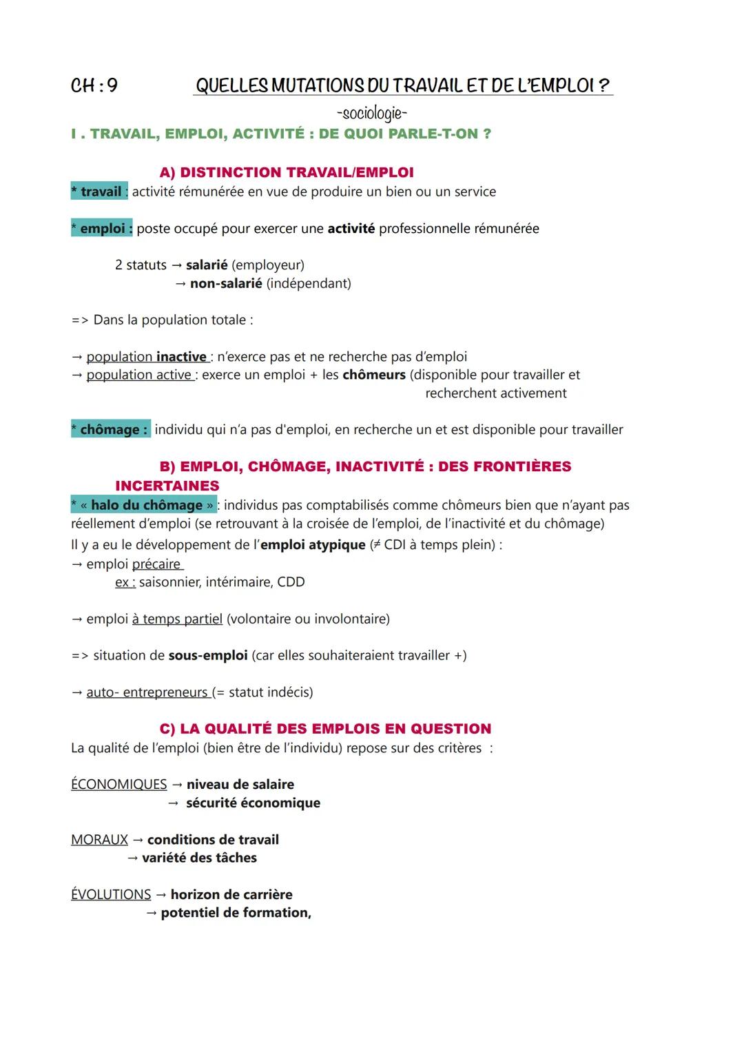 CH:9
QUELLES MUTATIONS DU TRAVAIL ET DE L'EMPLOI ?
-sociologie-
I. TRAVAIL, EMPLOI, ACTIVITÉ : DE QUOI PARLE-T-ON ?
A) DISTINCTION TRAVAIL/E