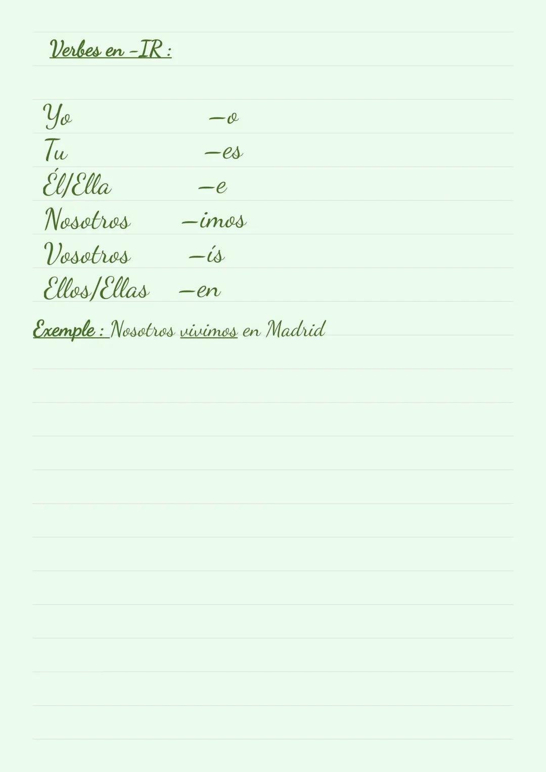 Verbes en -AR:
Yo
Tu
Él/Ella
-
-v
-as
-a
Nosotros
-amos
Vosotros
-ais
Ellos/ellas
-an
Exemple: Tu hablas de tu gato.
Verbes en -ER:
Yo
Tu
-e
