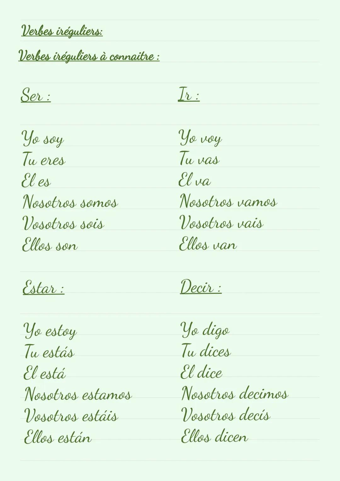 Verbes en -AR:
Yo
Tu
Él/Ella
-
-v
-as
-a
Nosotros
-amos
Vosotros
-ais
Ellos/ellas
-an
Exemple: Tu hablas de tu gato.
Verbes en -ER:
Yo
Tu
-e