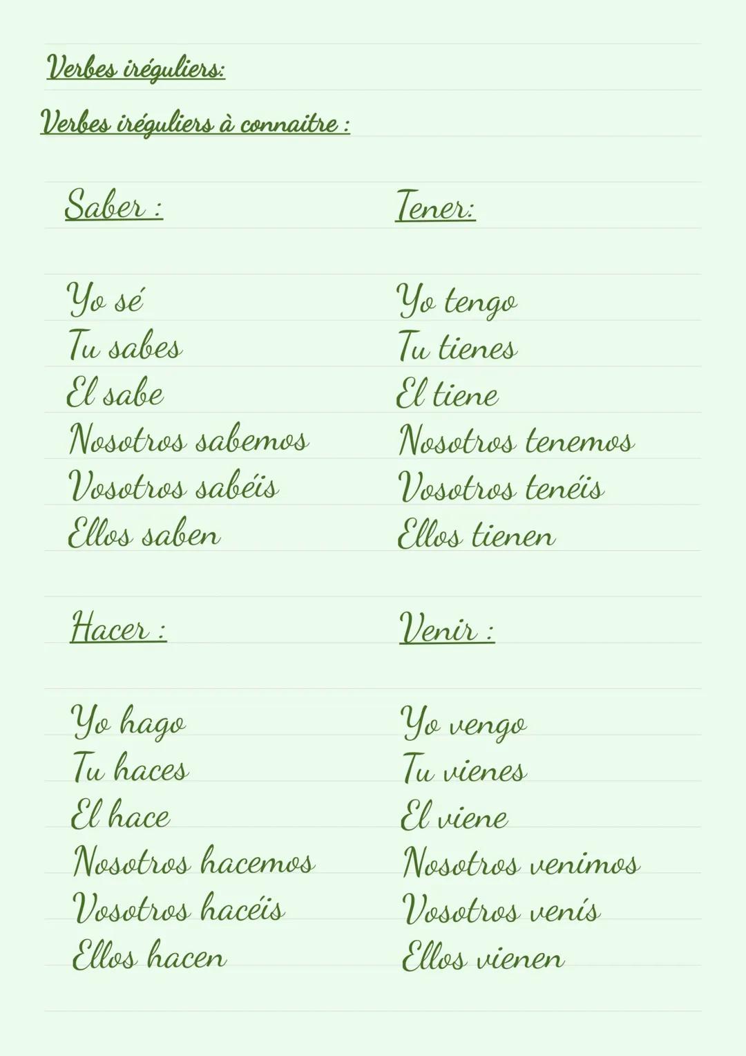 Verbes en -AR:
Yo
Tu
Él/Ella
-
-v
-as
-a
Nosotros
-amos
Vosotros
-ais
Ellos/ellas
-an
Exemple: Tu hablas de tu gato.
Verbes en -ER:
Yo
Tu
-e
