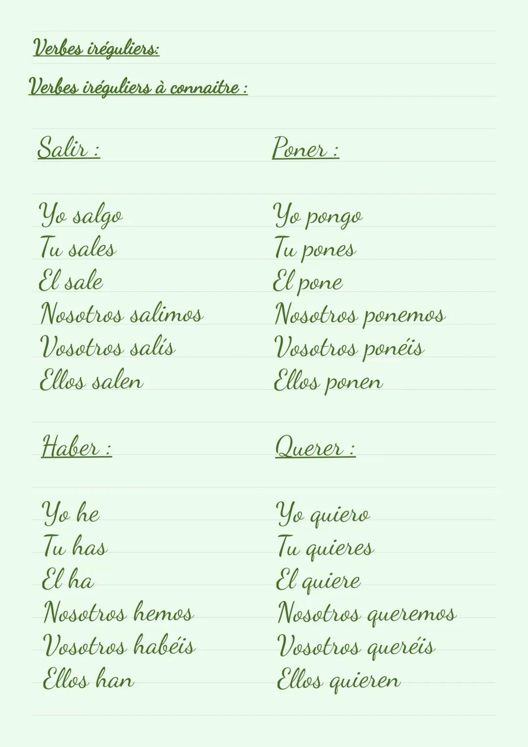 Verbes en -AR:
Yo
Tu
Él/Ella
-
-v
-as
-a
Nosotros
-amos
Vosotros
-ais
Ellos/ellas
-an
Exemple: Tu hablas de tu gato.
Verbes en -ER:
Yo
Tu
-e