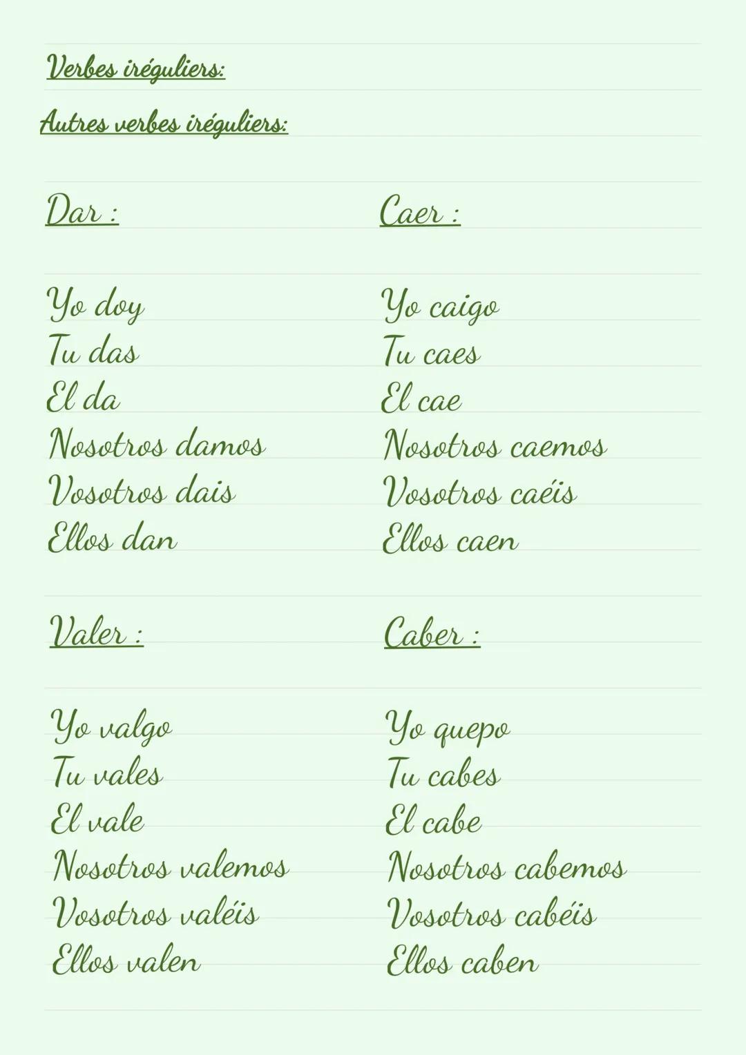 Verbes en -AR:
Yo
Tu
Él/Ella
-
-v
-as
-a
Nosotros
-amos
Vosotros
-ais
Ellos/ellas
-an
Exemple: Tu hablas de tu gato.
Verbes en -ER:
Yo
Tu
-e
