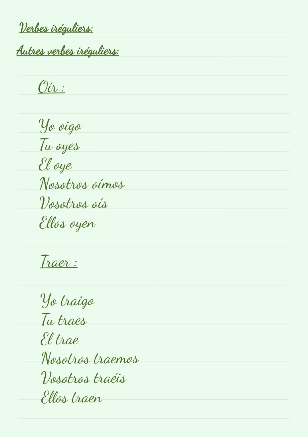 Verbes en -AR:
Yo
Tu
Él/Ella
-
-v
-as
-a
Nosotros
-amos
Vosotros
-ais
Ellos/ellas
-an
Exemple: Tu hablas de tu gato.
Verbes en -ER:
Yo
Tu
-e