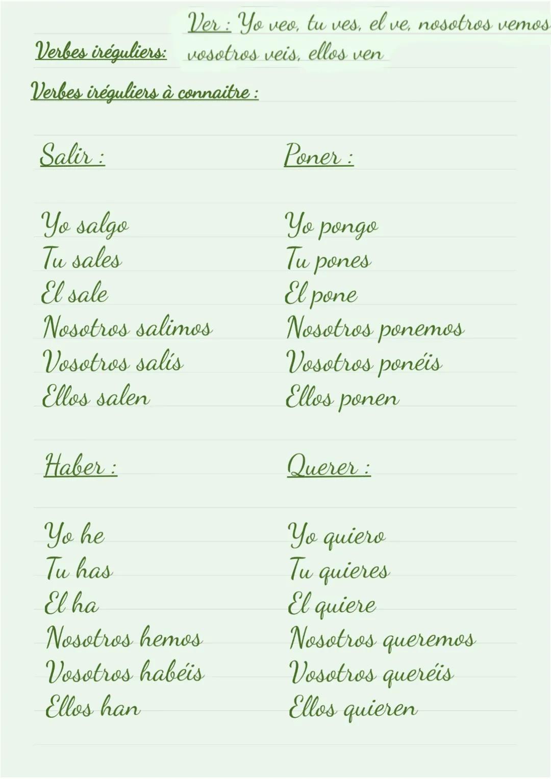 Verbes en -AR:
Yo
Tu
Él/Ella
-
-v
-as
-a
Nosotros
-amos
Vosotros
-ais
Ellos/ellas
-an
Exemple: Tu hablas de tu gato.
Verbes en -ER:
Yo
Tu
-e