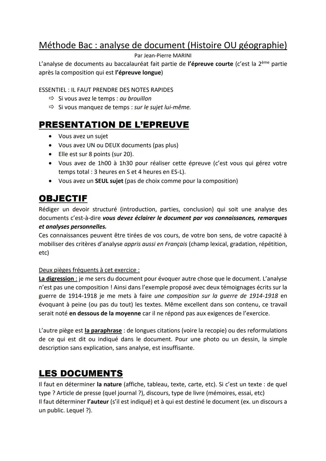 Méthode Bac: analyse de document (Histoire OU géographie)
Par Jean-Pierre MARINI
L'analyse de documents au baccalauréat fait partie de l'épr